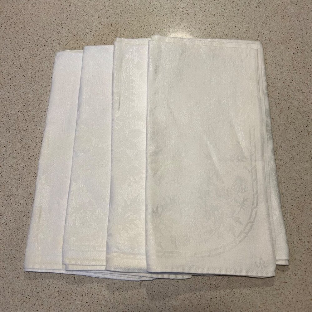 Vintage White Irish Linen Damask Dinner Napkins Rose Shamrock Thistle Set 4 - Picture 2 of 10